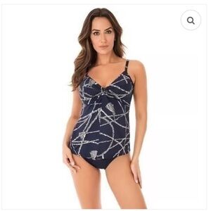Miraclesuit Navy and White Nautical Rope design Tankini Top only size 8